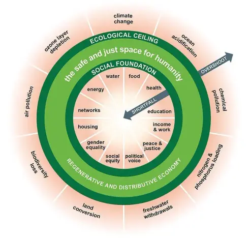 Circle showing the economic system failing to provide essential services on the inside by underproduction which showing the environment damaged with overproduction on the outside