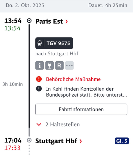 Der DB-Navigator zeigt die Verspätung des TGV aus Paris aufgrund einer „Behördliche[n] Maßnahme“ an