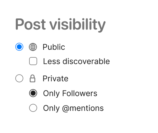 Post visibility settings with options: Public (selected), Less discoverable (unchecked), Private, Only Followers (selected), Only @mentions.