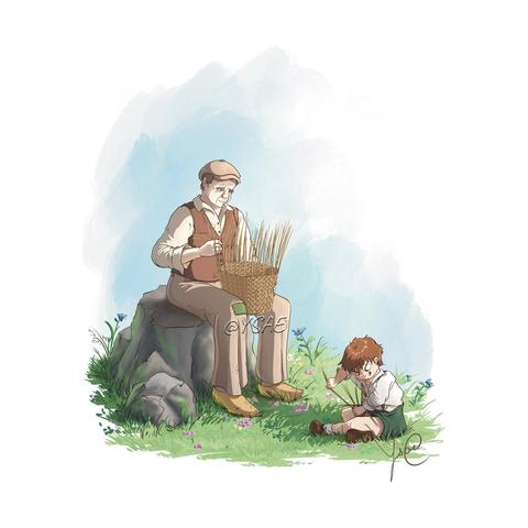 Dessin numérique représentant un vieux monsieur assis sur une pierre, en train de tresser un panier. A côté, par terre, son petit-fils tente de faire pareil.