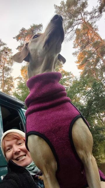 Selfie einer Person, der ein blonder Hund mit pinkem Mantel auf dem Schoß sitzt.