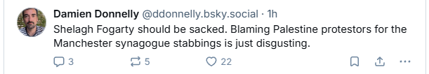 Damien Donnelly @ddonnelly.bsky.social - 1h

Shelagh Fogarty should be sacked. Blaming Palestine protestors for the
Manchester synagogue stabbings is just disgusting.
