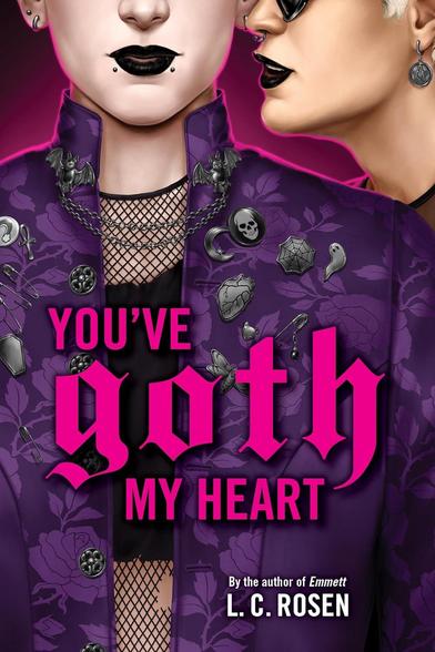 The book cover shows an illustration with two goths with black lipstick, one wearing a purple jacket with several goth pins