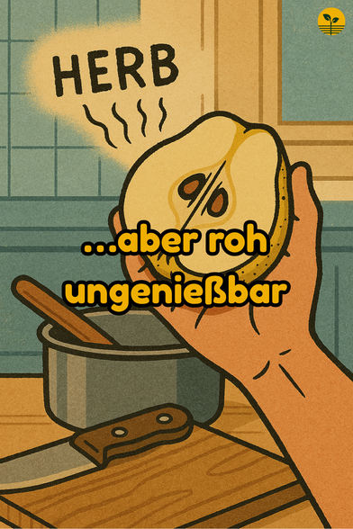 Eine aufgeschnittene Quitte liegt auf dem Brett, daneben ein Messer. Die Frucht wirkt hart und trocken – Hinweis, dass sie roh nicht schmeckt