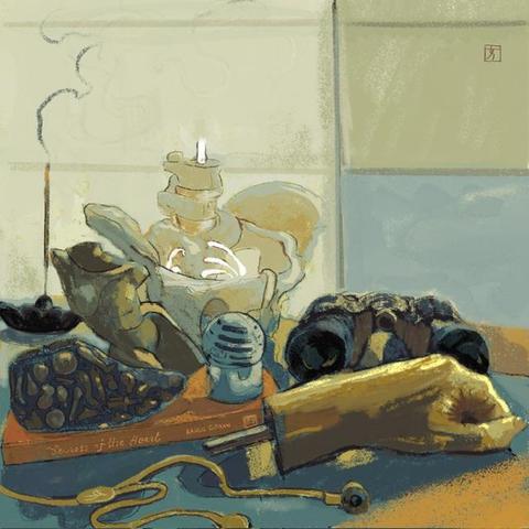 A table in front of a window, on the table is a collection of items a set of plug in earphones, a gold mannequin hand in the shape of a fist, a small foot shape covered in Milagros, a small silver microphone, a red book with the title Secrets of the Heart by Khalil Gibran, a set of binoculars, a bronze sculpture of a torso, a medical model of a pelvis with the L4 & L5 vertebrae, and a lotus incense holder with incense in it. A small line of smoke visible. 
The colors are neutral, blue, orange & gold. 
