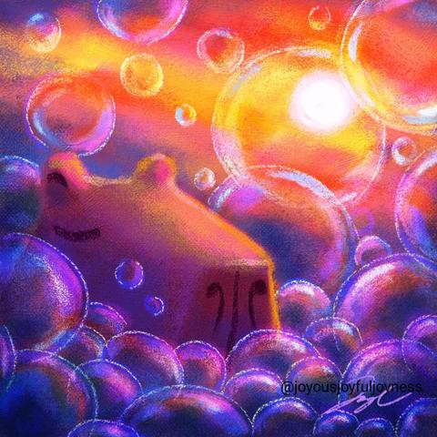 Painting of a Capybara buried in a bunch of iridescent bubbles. The sunset is in the background. The artist's signature and watermark @joyousjoyfuljoyness are at the bottom right.