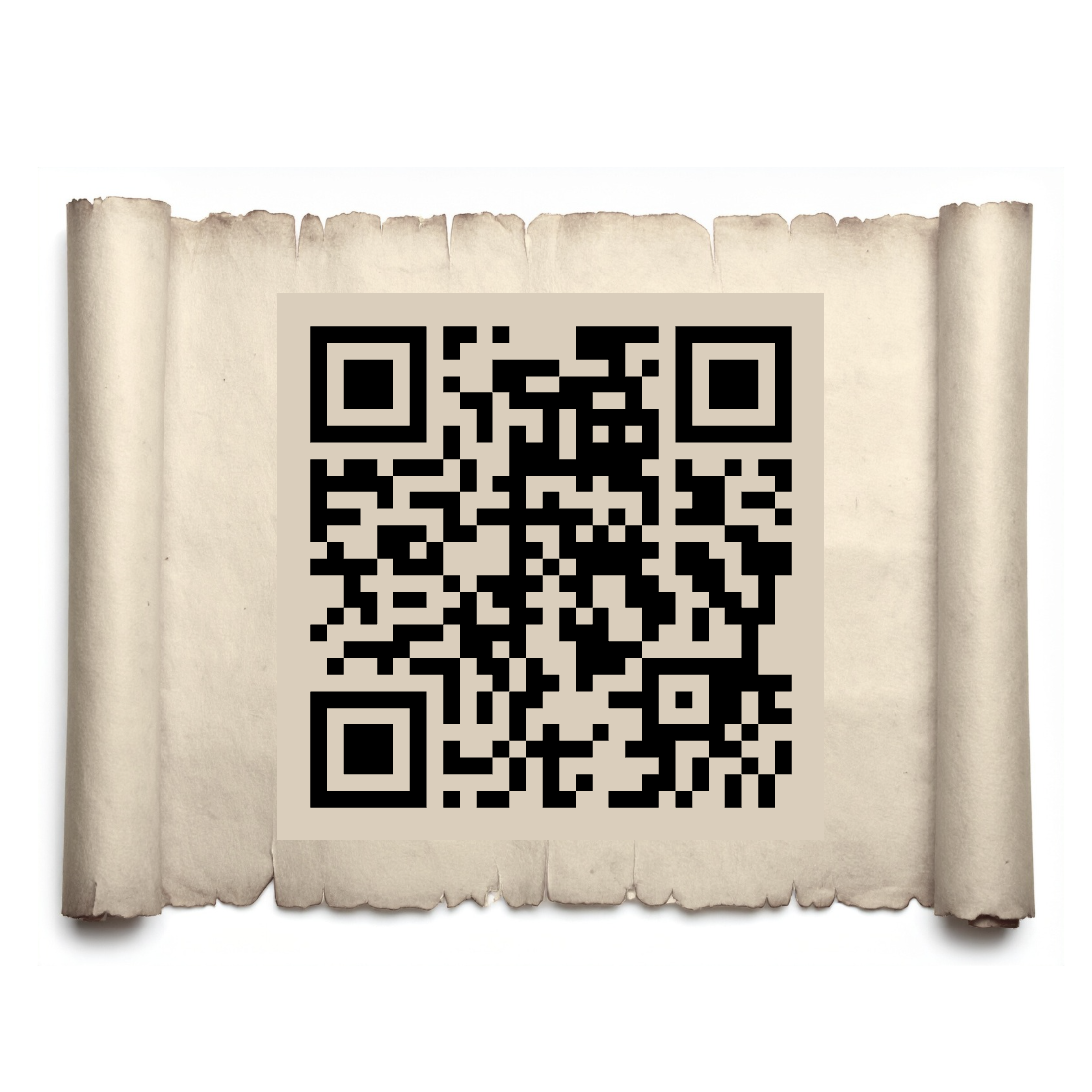 Image of a QR code on an antique scroll leading to https://www.patreon.com/cw/violetblue