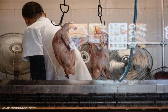 Uncooked Peking duck hang in a window ready for cooking while a chef is at work in a Chinese restaurant in Yokohama's Chinatown