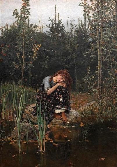In a clearing surrounded by trees, a barefoot girl sits on a white stone leaning her head against her clasped hands on her knee as she looks into a dark lake or river. She has long messy brown hair and wears a black dress patterned with pink flowers. She seems very forlorn and alone. Image by Viktor Vasnetsov (1848-1926) from Wikimedia Commons.