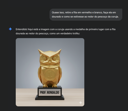 A imagem mostra um prompt de IA generativa que produz uma coruja de ouro, low poly, para impressão 3d.