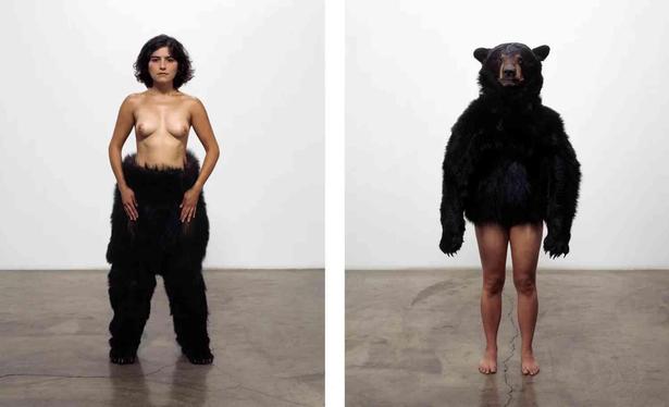 Diptych showing a nude woman wearing black bear fur leggings on the left and the same woman wearing a taxidermied black bear head and torso covering on the right.
