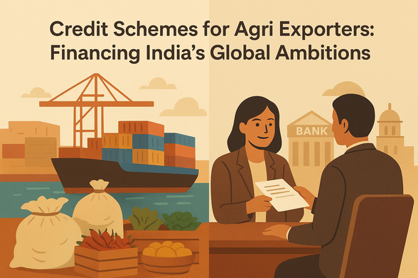 Split-scene illustration showing agri exports and financing support for SMEs in India.