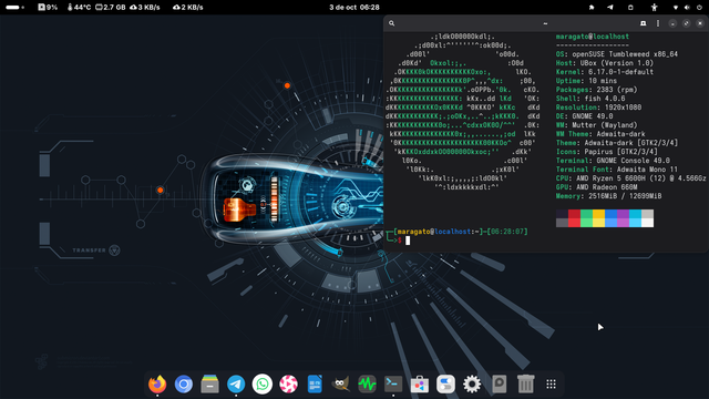 Captura de pantalla de un escritorio de computadora con un tema oscuro y un estilo futurista. El fondo de pantalla muestra un diseño tecnológico abstracto en tonos azul oscuro y gris, con líneas luminosas que simulan circuitos y datos. En el centro, hay un motor o componente mecánico estilizado, transparente y tridimensional, que brilla en naranja y azul, con superposiciones de información digital.

En la parte superior derecha, una ventana de terminal abierta con fondo oscuro y texto blanco/verde muestra detalles del sistema. Se puede ver que el sistema operativo es openSUSE Tumbleweed, el entorno de escritorio es GNOME 49.0 (Wayland) con el tema Adwaita-dark e iconos Papirus. También se especifica el hardware principal, incluyendo un CPU AMD Ryzen 5 6600H y una GPU AMD Radeon 660M, y el uso de memoria RAM.

La barra superior muestra la fecha y hora (3 de octubre 06:28), el nivel de batería (9%), temperatura (44°C), uso de RAM y actividad de red. En la parte inferior de la pantalla, un dock horizontal contiene iconos de aplicaciones como Firefox, Chrome, Telegram, GIMP y el terminal, que está resaltado como la aplicación activa.