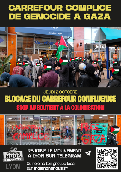 Trois photos de l'action de blocage avec une photo du rassemblement devant le carrefour et deux photos de tags sur les vitrines où est inscrit "Carrefour complice" et "Free gaza"