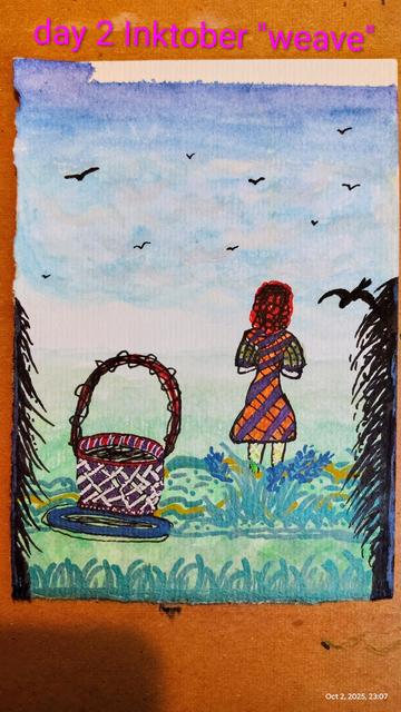 A person in a colorful checkered dress watches birds in the cloudy blue sky, and there's a woven basket on the ground.
