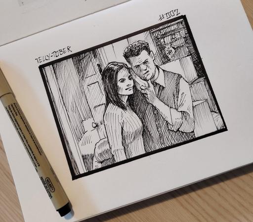 Ink drawing of a scene from the TV show FRIENDS . it shows Monica and Chandler listening to a phone call.