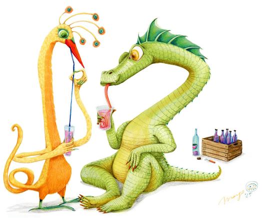 On a white background are two monsters drinking cocktails, with behind them a crate with drinks. The monster on the left is a kind of big bird with a giraffe neck, a long tail, red beak and funny looking antenna on its head. The monster on the right is a big green dragon without wings. 