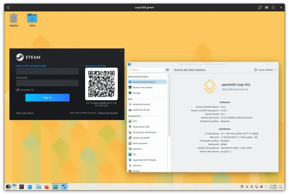 La versión Flatpak del cliente de Steam ejecutado en openSUSE Leap 16 con KDE Plasma.