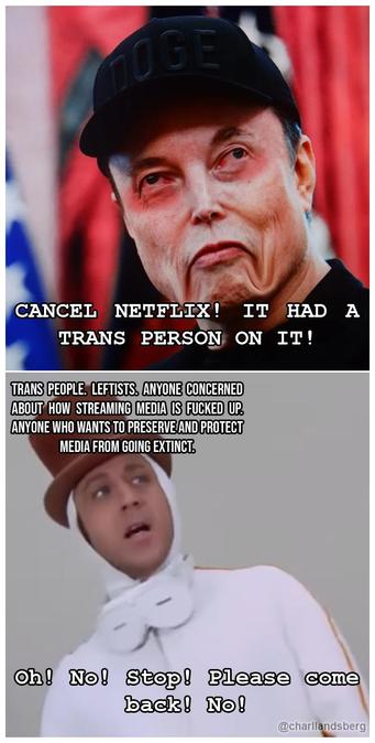 Elon Musk crying with red eyes (face distorted with photoshop to exagerate his crying, mouth drooping, eyes splayed): "Cancel Netflix! It had a trans person on it!"

Willy Wonka sarcastic meme. Wonka labelled: "Trans people. Leftists. Anyone concerned about how streaming media is fucked up. Anyone who wants to preserve and protect media from going extinct." And he says: "Oh! No! Stop! Please come back! No!"