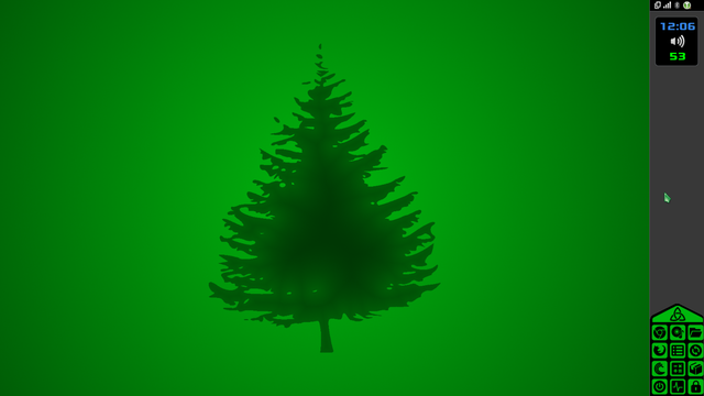 Fondo de escritorio verde con un árbol en el centro, panel vertical en el margen derecho con iconos en verde, reloj, control de volumen, sensor de temperatura y área de notificación.