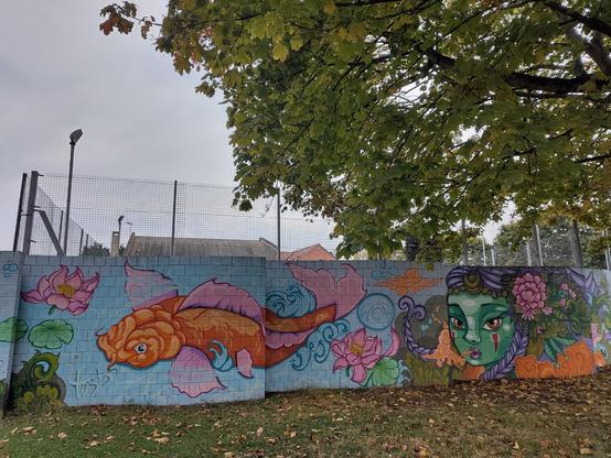 Koi and Smoking Mermaid mural, St Martin's Gate, Worcester