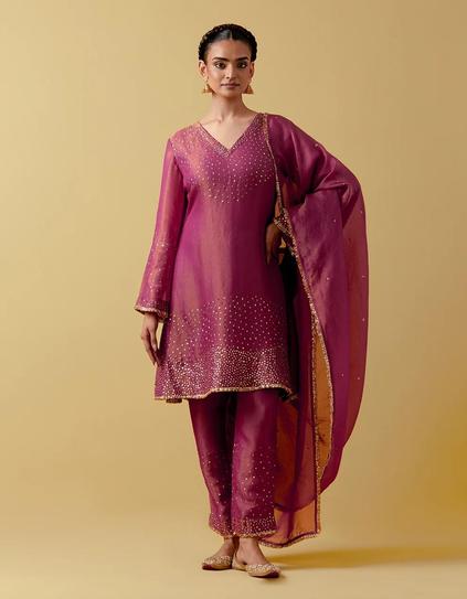 Magenta Hand Embroidered Shimmer Organza Suit Set