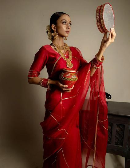 Red Organza Saree With Chanderi Silk Blouse And Satin Petticoat
