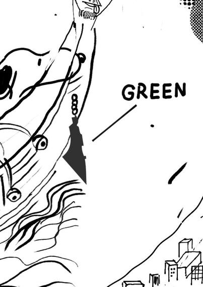 Ausschnitt aus einem Comic, der Umriss der Karte Palästinas - so wie auf dem Logo der verbrecherisch islamistisch-militanten Hamas - als Anker an einem Schiff.