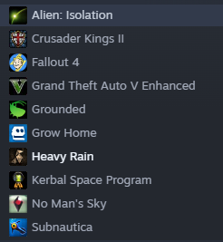 A list of computer games - 

Alien Isolation
Crusader Kings II
Fallout 4
GTA V
Grounded
Grow Home
Heavy Rain
KSP
No Man's Sky
Subnautica

Oh plus I've got Disco Elysium but not on Steam. 