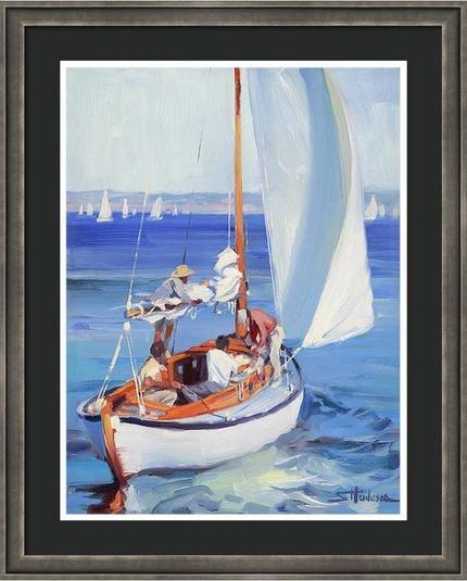 Framed print of an original oil painting depicting a group of four men on a sailboat, on a calm and blue sky day.