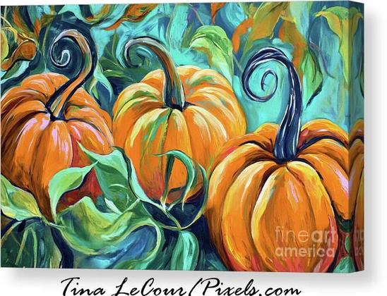 This is a canvas of some whimsical painted orange pumpkins with green leaves  and swirly stems against a textured turquiose background. 