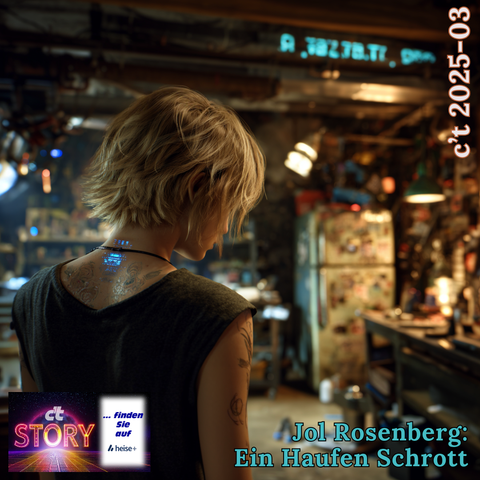 Hintergrund:
Midjourney Prompt: 
Close-up of a short-haired woman's neck, featuring a square bulge under the skin with blue glowing LEDs visible beneath. The setting is a cluttered workshop, with a massive refrigerator standing against the wall --chaos 30 --raw

Links unten: c't-Logo und Text "c't Story finden Sie auf heise+"

Text: c't 2025-03
Jol Rosenberg: Ein Haufen Schrott
