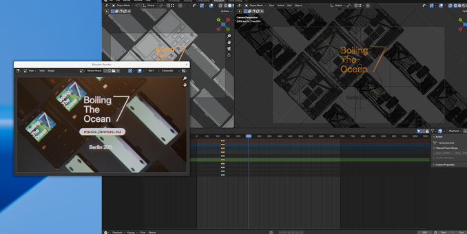 Screenshot of Blender rendering a backdrop loop for a music performance happening tomorrow in Berlin as part of the Boiling the Ocean 7 hackfest.