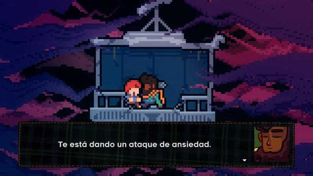 Una captura de pantalla del juego celeste mostrando a Madeline y Theo, dos personajes protagónicos conversando en una situación difícil para la joven Madeline.

El diálogo es de Theo quien dice: "Te está dando un ataque de ansiedad"