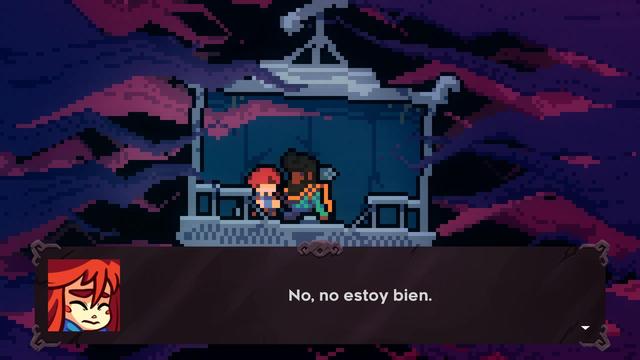 Una captura de pantalla del juego celeste mostrando a Madeline y Theo, dos personajes protagónicos conversando en una situación difícil para la joven Madeline.

El diálogo es de Madeline, dice: "No, no estoy bien".