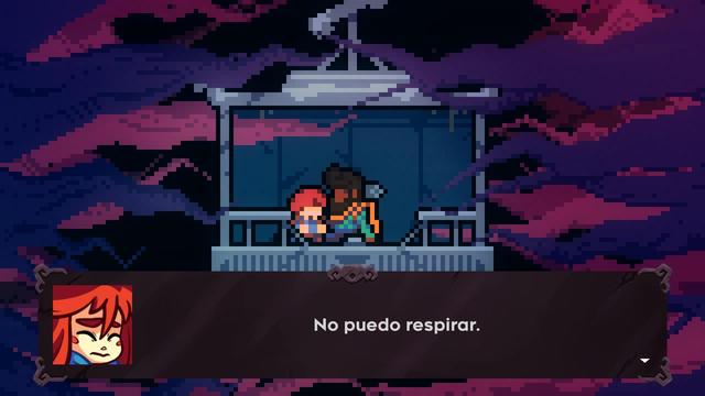 Una captura de pantalla del juego celeste mostrando a Madeline y Theo, dos personajes protagónicos conversando en una situación difícil para la joven Madeline.

El diálogo es de Madeline, dice: "No puedo respirar".