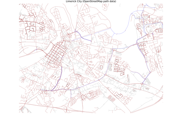 Minimal map of Limerick city, containing only paths (roads, cycleways, footpaths). Service roads in grey, cycleways in blue, other in dark red.