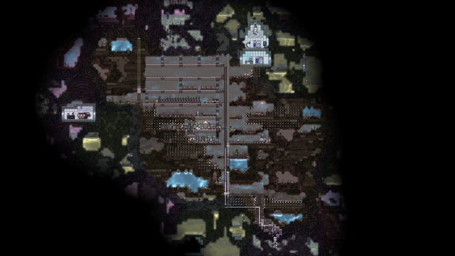 An Oxygen Not Included Screenshot: the upper left of the starting biome is cleaned and floored (bedrooms to be). The long vertical ladder has gotten longer, and snakes a little on the lower right to a place where an escher waterfall infinistore will soon be.