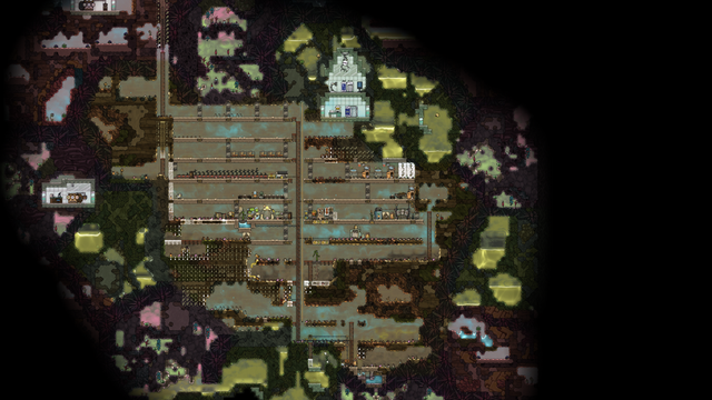 An Oxygen Not Included. This is pretty much as described in the main text. A single tall ladder runs the height of the internal base, which is now somewhat squared off. All the water pools have been dropped in to a single infinistore at the bottom for now. A shorter ladder is headed up to the left of the habitation area.