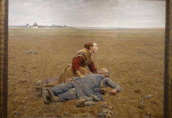 En 1889, H.A. Brendekilde peint un ouvrier agricole usé, effondré dans son champ. L'ouvrier devait marcher sur la terre rocailleuse pour ramasser les grosses pierres qui gênent le dur labour. Il est tombé raide mort, épuisé (c'est le titre du tableau). Sa femme retrouve le corps. Elle hurle. Seule. Dans l'immensité glacée.

