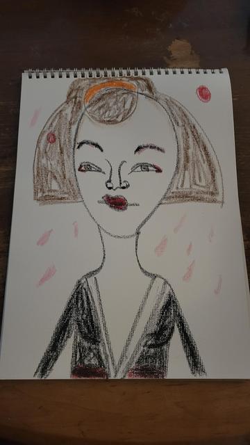 An oil pastel painting of a brunette Japanese geisha woman