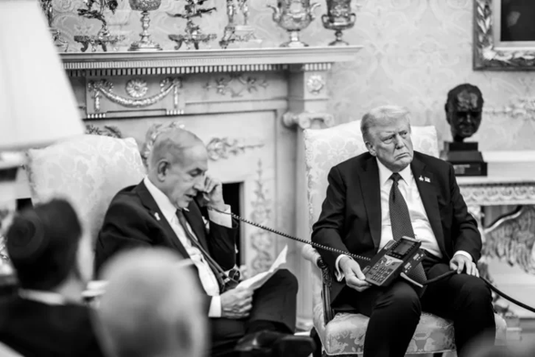 Photography published by the US White House in its official Flickr channel saying the following:


The White House
P20250929DT-0537

President Donald Trump leads a trilateral phone call with Israeli Prime Minister Benjamin Netanyahu and Qatari Prime Minister Mohammed bin Abdulrahman bin Jassim Al Thani discussing the U.S. peace plan for Gaza, Monday, September 29, 2025, in the Oval Office. (Official White House Photo by Daniel Torok)
