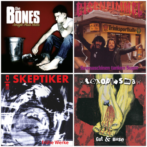 Coverabbildungen der folgenden Platten:

THE BONES - Straight Flush Ghetto (LP, col. Vinyl)
EISENPIMMEL - Sexmaschinen tanken Super (LP, col. Vinyl)
DIE SKEPTIKER - Frühe Werke (2xLP)
TOXOPLASMA - Gut & Böse (LP, col. Vinyl)