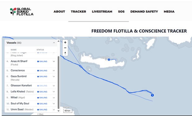 screenshot of the flotilla tracker, with the location of the eleven ships (south of Crete) 