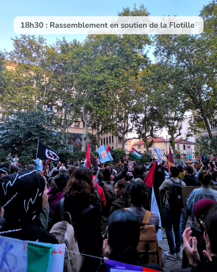 Photo du rassemblement place Guichard en soutien à la Flotille. On y voit des centaines de manifestant.es avec divers drapeau, notamment de la Palestine.