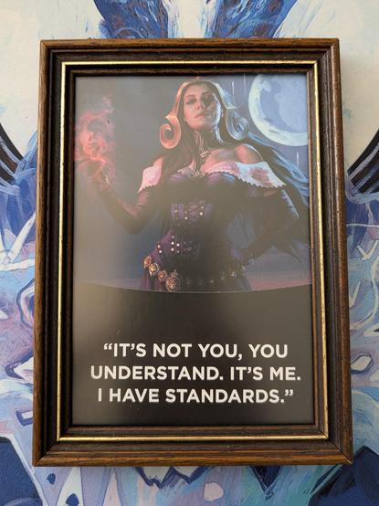 Planeswalker Liliana above white-on-black text: "It's not you, you understand. It's me, I have standards."