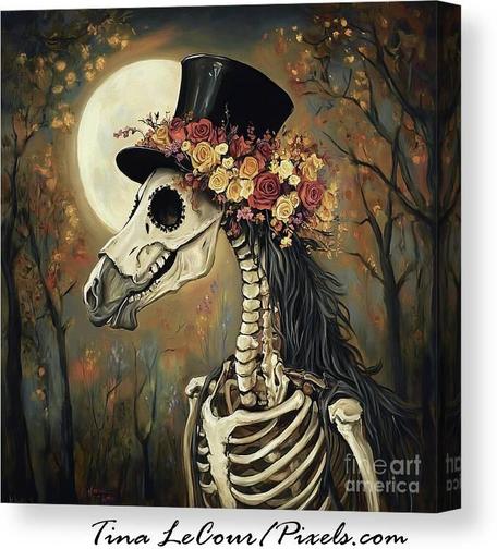 This is a canvas of a gothic halloween horse skeleton wearing a top hat with autumn flowers in the forest with a full moon in the background. 