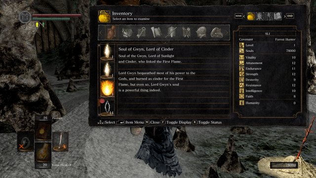 A screenshot of the game Dark Souls. My character is in the final boss room of the game, showing the Soul of Gwyn - the final boss - in my inventory. The character details on the right show my character as still being level 1.