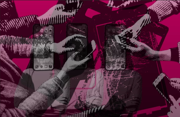 ilustración un poco abstracta con manos sujetando teléfonos móviles