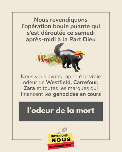 Visuel représentant le texte suivant avec l'image d'une moufette et son chapeau one piece : 

---

Nous revendiquons l’opération boule puante qui s’est déroulée ce samedi après-midi à la Part Dieu
Nous vous avons rappelé la vraie odeur de Westfield, Carrefour, Zara et toutes les marques qui financent les génocides en cours : l'odeur de la mort